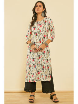 Soch - Womens Grey Floral Print Rayon Straight Kurta With Kantha Weave