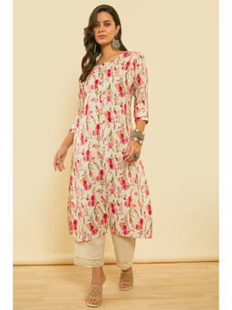 Soch - Womens Fuchsia Straight Floral Print Rayon Kurta With Kantha Weave