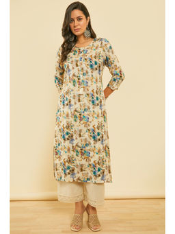 Soch - Womens Blue Floral Print Rayon Kurta With Kantha Weave