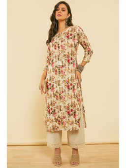 Soch - Womens Pink Rayon Floral Print Kantha Weave Kurta With Tassels