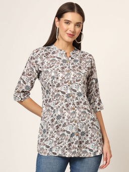 Divena - White and Brown Printed Cotton Fabric Straight Tunic