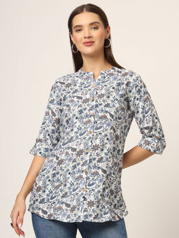 Divena - Blue Printed Cotton Fabric Straight Tunic
