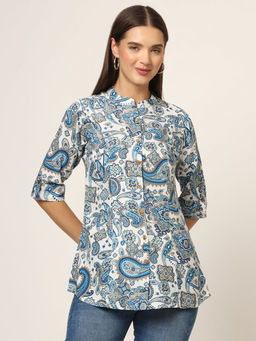 Divena - White and Blue Printed Cotton Fabric Straight Tunic