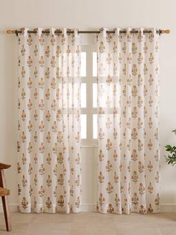 The Home Story - Handcrafted Floral Sheer Window Curtains - Mustard (Pack of 2)