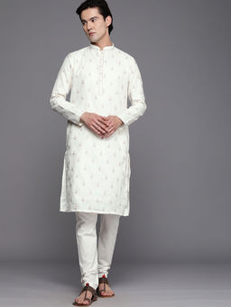 Manyavar - Cream Blended Viscose Self Design Kurta Pencil Pyjama Set (Set of 2)