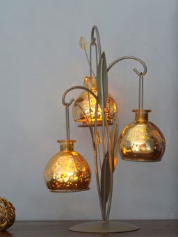 At Home by Nilkamal - Lantern Ball 3 Candle Holders with Stand (Gold)