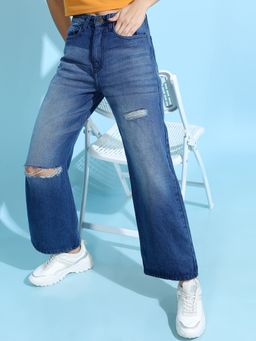 TOKYO TALKIES - Women Blue Slash Knee Light Fade Dad Fit Jeans