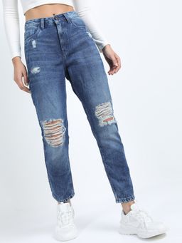 TOKYO TALKIES - Women Straight Fit Highly Distressed Cotton Light Fade Jeans