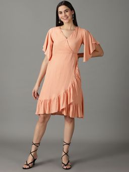 SHOWOFF - Women's Solid V-neck Peach Midi Dress