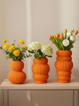 ELARE - Vibrant Tangerine Ribbed Bubble Vases (Pack of 3)