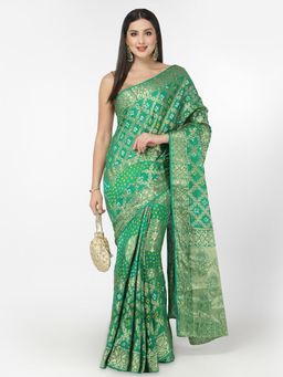 KISHORI - Women Silk Bandhani and Zari Weaving Saree with Unstitched Blouse - Green
