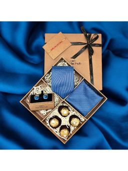 The Tie Hub - Blue Self Pattern Microfiber Gift Set with Chocolate