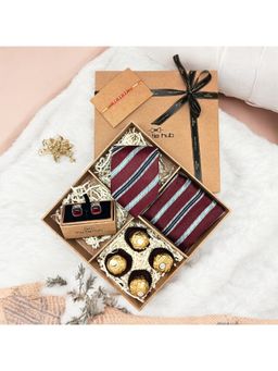 The Tie Hub - Maroon Striped Microfiber Gift Set with Chocolate