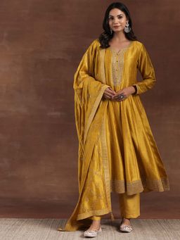 Libas - Women Mustard Printed Anarkali Kurta with Pant & Dupatta