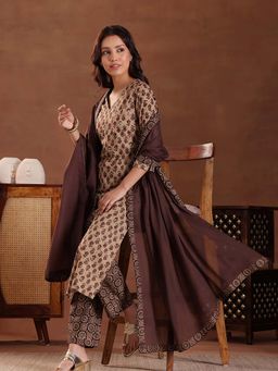 Libas - Women Brown Printed Kurta with Pant & Dupatta