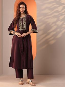 Gerua By Libas - Women Wine Embroidered Kurta with Pant