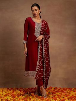 Libas - Women Maroon Embroidered Kurta with Pant & Dupatta