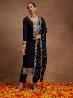 Libas - Women Navy Blue Embroidered Kurta with Pant & Dupatta