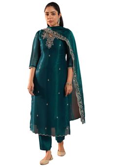 Libas - Women Teal Embroidered Kurta with Pant & Dupatta
