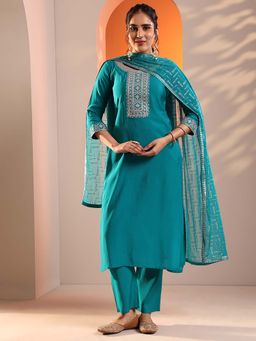 Gerua By Libas - Women Teal Embroidered Kurta with Pant & Dupatta