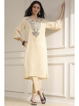 Biba - Women Cream Embroidered Kurta with Pant