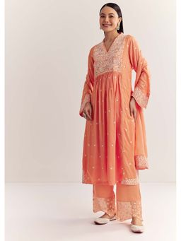 KALKI FASHION - Women Peach Embroidered Kurta with Pant & Dupatta