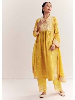 KALKI FASHION - Women Yellow Embroidered Kurta with Pant & Dupatta