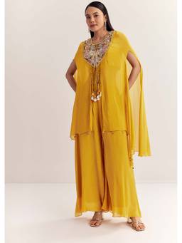 KALKI FASHION - Women Yellow Embroidered Cape with Inner & Palazzo