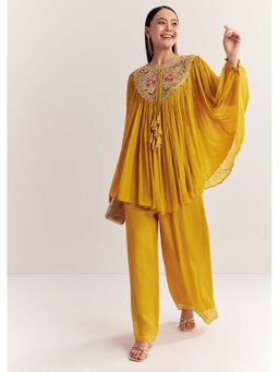 KALKI FASHION - Women Yellow Embroidered Kaftan Kurti with Inner & Palazzo