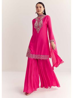 KALKI FASHION - Women Pink Embroidered Kurti with Sharara & Dupatta