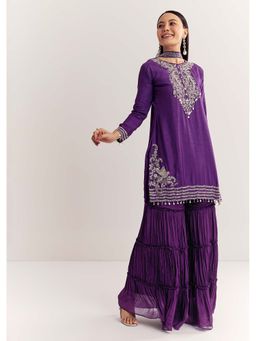 KALKI FASHION - Women Purple Embroidered Kurti with Sharara & Dupatta