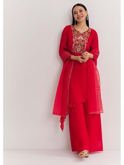 KALKI FASHION - Women Red Embroidered Kurta with Palazzo & Dupatta