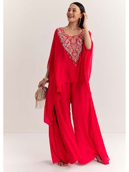 KALKI FASHION - Women Red Embroidered Kaftan Tunic with Inner & Palazzo