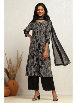 Biba - Women Black Printed Kurta with Palazzo & Stole