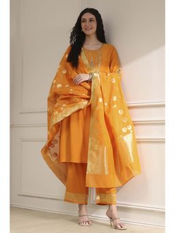 Biba - Women Mustard Embroidered Kurta with Pant & Dupatta