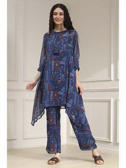 Biba - Women Blue Printed Kurti with Inner & Pant