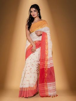 Beatitude - White Handspun Cotton Woven Saree with Unstitched Blouse