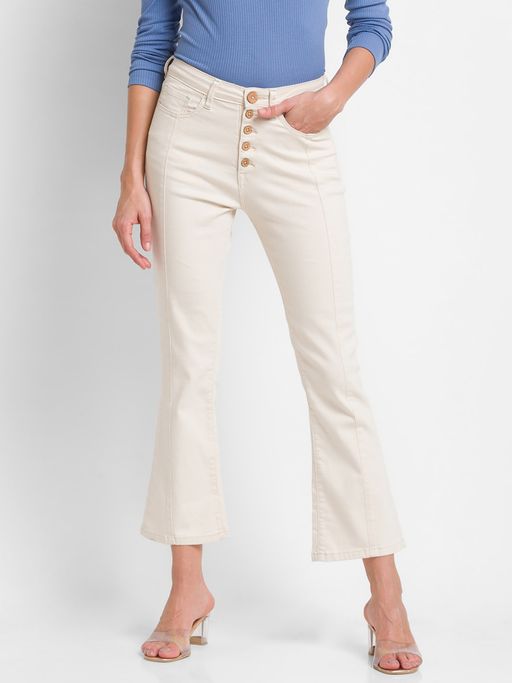 Buy Spykar Ecru Cotton Flare Fit Ankle Length Jeans For Women