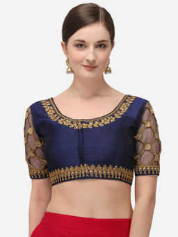 Amrutam Fab - Womens Embroidered Navy Blue Phantom Silk Stiched Blouse With Round Neck