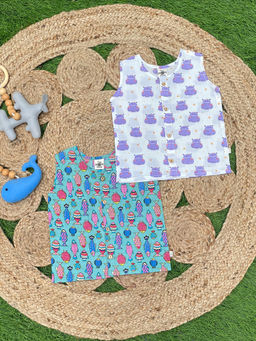 The Mom Store - Purple Hippo & Fishy Fish Block Printed Infant Jabla (Pack of 2)