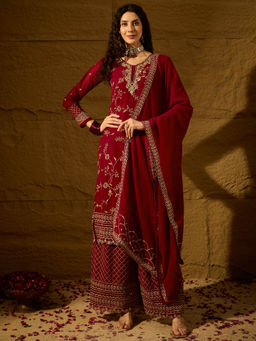 Miss Ethnik - Maroon Embroidered Kurta & Palazzo with Dupatta (Set of 3)