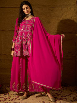 Miss Ethnik - Pink Embroidered Kurta & Palazzo with Dupatta (Set of 3)