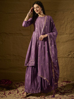 Miss Ethnik - Mauve Embroidered Kurta & Sharara with Dupatta (Set of 3)