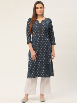 Jompers - Women Indigo Blue Pure Cotton Floral Printed Kurtas