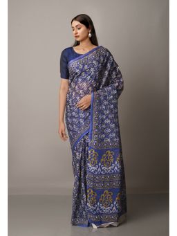 Unnati Silks - Blue Pure Krisha Block Printed Cotton Saree with Unstitched Blouse