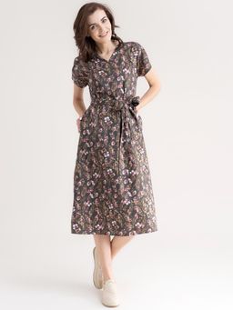 FableStreet - Cotton Floral Dress - Olive