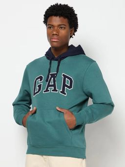 GAP - Men Green Embroidered Hooded Full Sleeve Hoodie