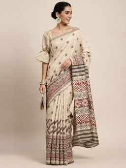 Odette - Bhagalpuri Silk Beige Printed Saree with Unstitched Blouse