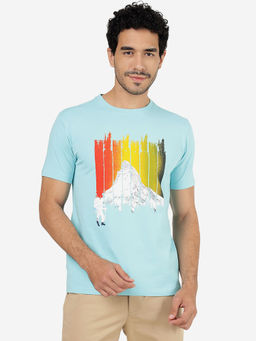 JadeBlue - Printed Turquoise Blue Slim Fit Men's Tee