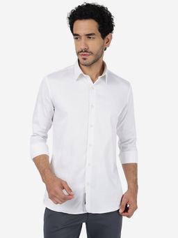 JadeBlue - White Solid Cotton Casual Full Sleeve Shirt